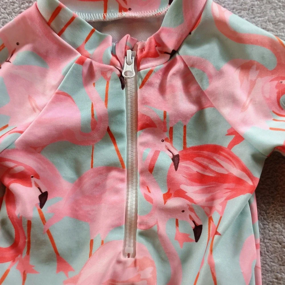 Unbranded‎ Girls Flamingo Print Rash Guard Pink 70 Ruffle Long Sleeve Swimsuit